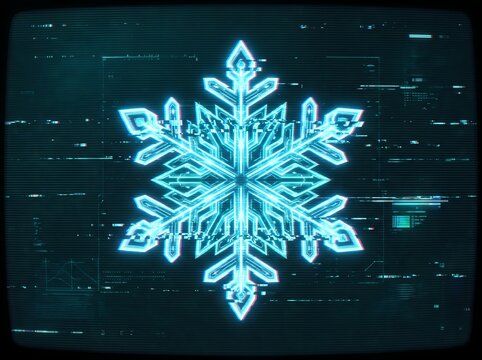 Futuristic digital snowflake design with a glowing blue circuit pattern on a dark, glitching screen background, representing winter technology and cold data