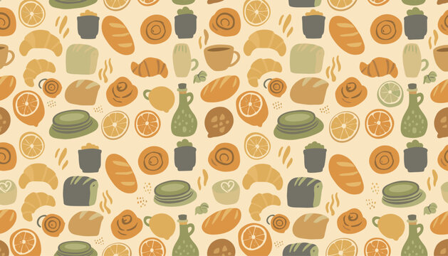Bakery items and breakfast pattern repeating on beige background