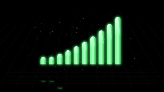 Glowing green bar chart rising on digital grid background