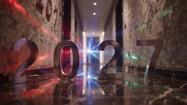 Metallic 2027 numerals reflecting colorful lights on a polished floor in a textured modern corridor, creating a futuristic celebratory New Year scene