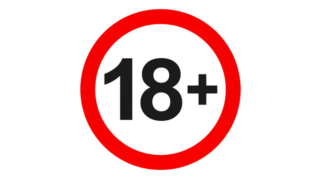 Red circular symbol with the number 18 and a plus sign indicating age restriction or adult content against a transparent background