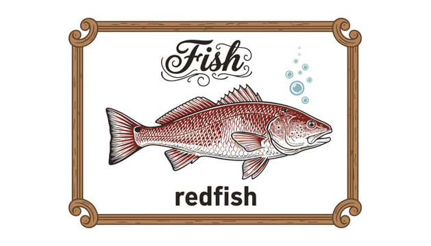 Illustration of a redfish in a decorative frame with bubbles
