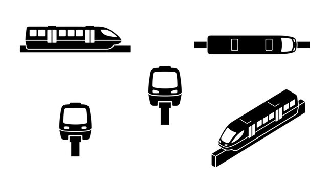 Black silhouette icons of a monorail train showing side top front back and isometric views for modern transport design
