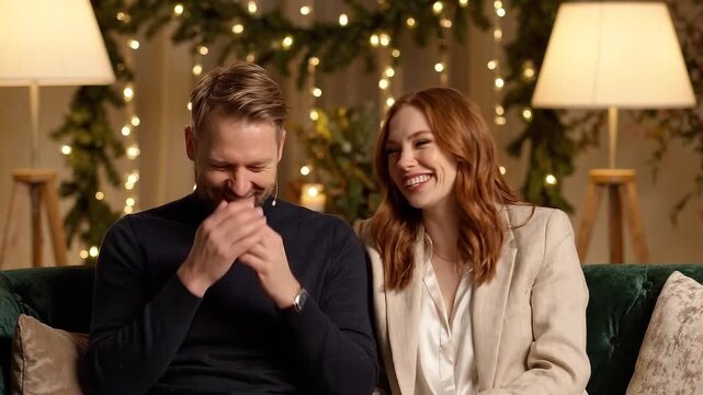 Couple laughing together on a cozy sofa as woman covers her mouth and leans toward smiling man in warmly decorated living room with festive lights