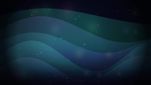 Abstract wave gradient background with glowing particle lights in dark blue green space.