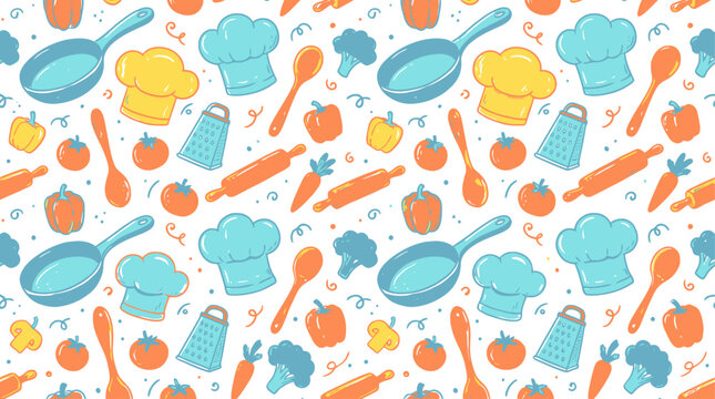 Seamless pattern with cute doodle kitchen cooking tools and fresh vegetables in bright colors for food decoration