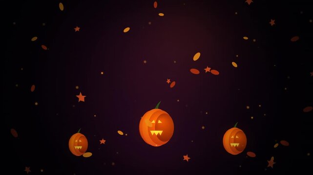 Animated halloween background with floating carved pumpkins and falling confetti shapes.