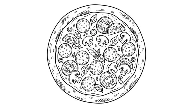 Hand drawn sketch of a round pizza with mushrooms tomatoes pepperoni and basil leaves on a simple black outline style