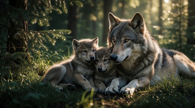 Adult female wolf cuddles two small pups in dense green forest. Wild animal family shows affection, bond under soft sunlight. Mother wolf lies on grass with cute young cubs in nature habitat during