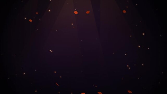 Red autumn leaves falling against dark purple background with shimmering particles motion.