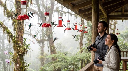 Fototapeta premium Travelers Watching Swarm of Hummingbirds at Cloud Forest Feeders
