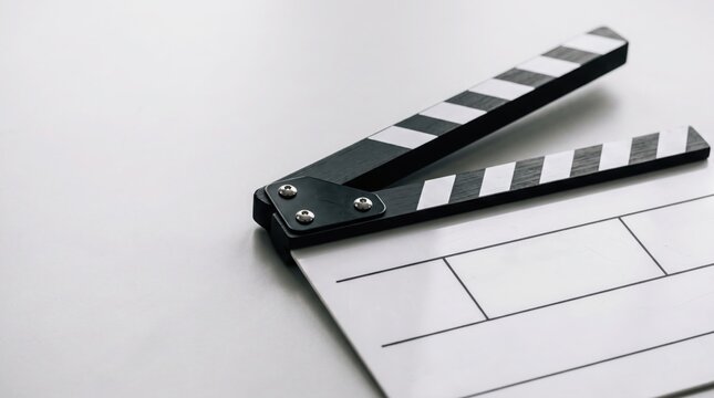 Blank white film clapperboard with black striped clapper on light background, copy space