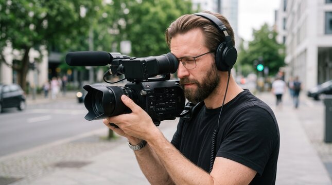 Bearded video producer with headphones filming through professional camcorder on tripod outdoors in city
