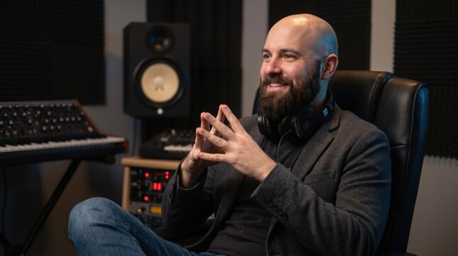 Smiling bearded music producer sitting in recording studio with monitor speaker and rack gear