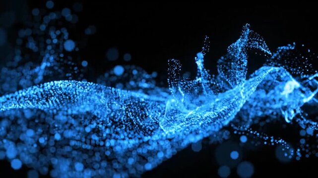 Blue glowing particle wave moving through dark space