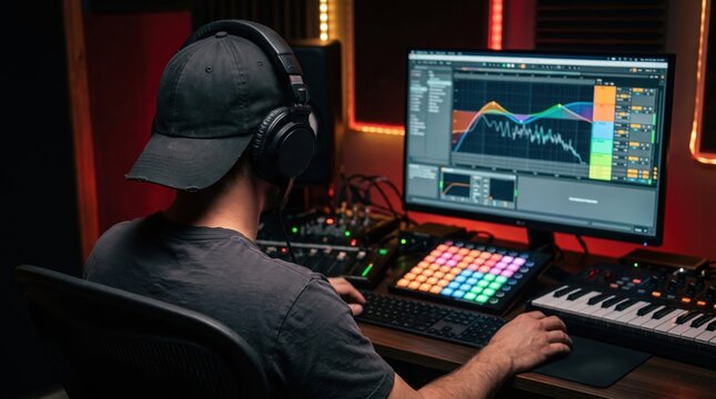 Music producer in cap and headphones mixing on monitor with equalizer and pad controller