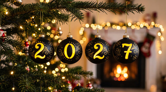 Decorative Christmas tree ornaments displaying year two thousand twenty seven