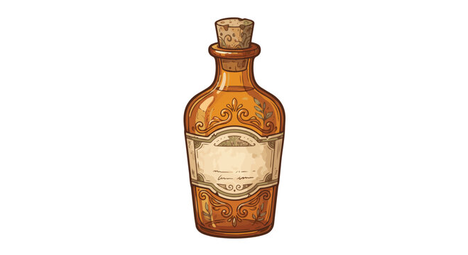 Vector cartoon illustration of an antique vintage potion bottle or apothecary glass jar with a cork stopper and blank label