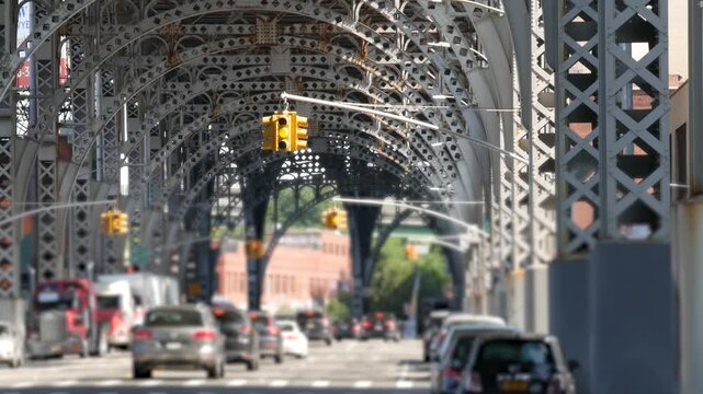 Riverside drive viaduct, Harlem 125 street, Upper Manhattan car traffic, New York City, United States. 12 twelve avenue viaduct. Elevated flyover transport road. Steel arch bridge, overpass junction.