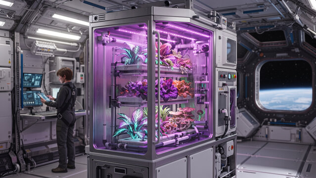 Self-contained automated hydroponic plant growth module inside an orbital space station laboratory