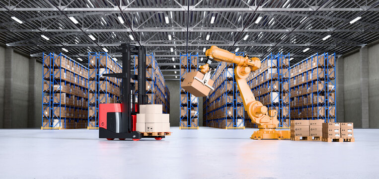 Warehouse Scene with High Shelves, Palletising Robots and Reach Fork Track. Robotic Palletising and Packaging Concept.. 3D illustration	
