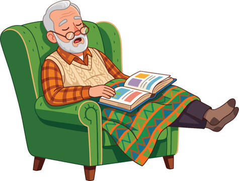Elderly man sleeping peacefully in a comfortable green armchair while holding an open book under a cozy patterned blanket