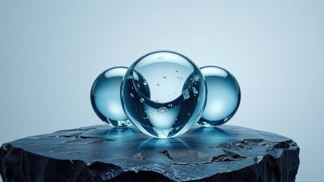 Clear spheres rest upon dark stone. Water droplets visible inside glass orbs. Cool blue tones dominate composition. Minimalist studio shot.