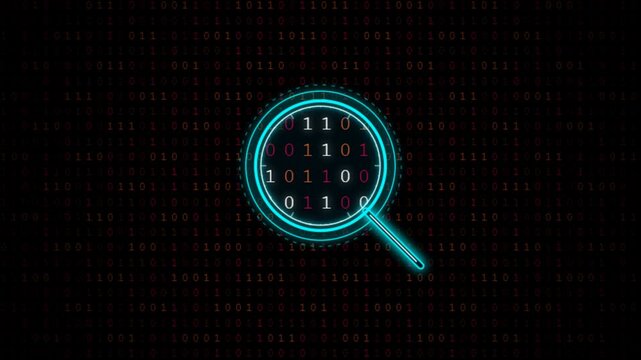 Neon magnifying glasses scanning binary code on a dark background. 4K video