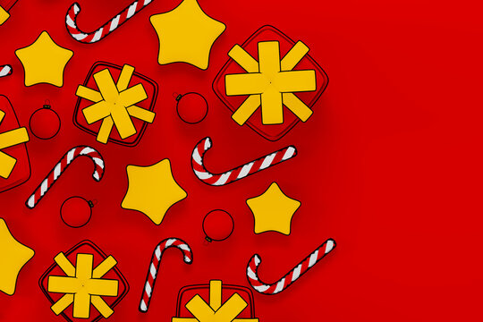 Christmas icon arrangement with gift box candy cane star and ornament on red background illustration