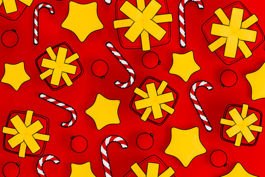 Christmas holiday pattern with gift box candy cane star and ornament on red background illustration