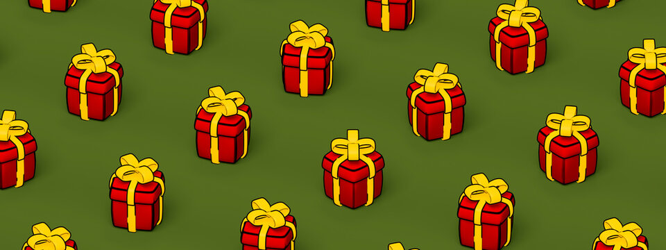 Christmas gift box pattern with red package gold bow on olive green background illustration