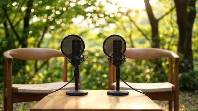Two black microphones on wooden table between empty chairs in sunlit forest setting for outdoor audio recording and podcast production