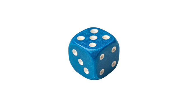 Classic small blue plastic gaming dice cube with white dots isolated on transparent background