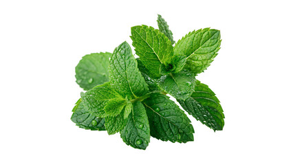 Bunch of fresh green mint leaves macro detail aromatic herb isolated on transparent background © Rhea