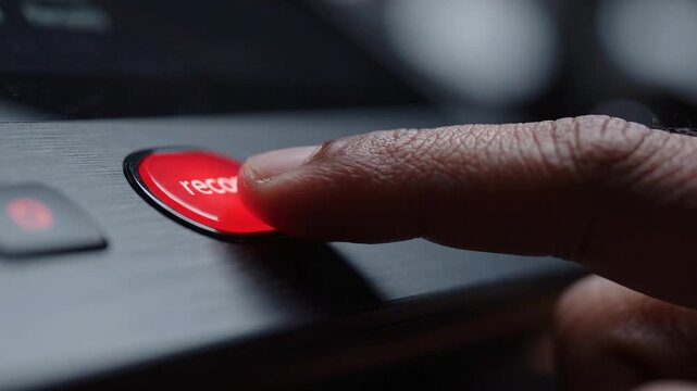 Dark skinned finger pressing illuminated red oval button on electronic device, close up interaction showing repeated contact with control surface in dim indoor setting