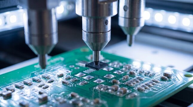 Macro of Pick and Place Machine Placing Tiny Chips on Circuit Board