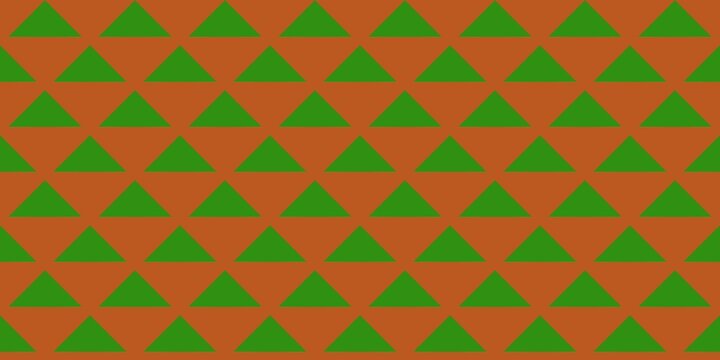 Seamless geometric pattern of green triangles repeated on a terracotta brown background. Ideal for modern minimal abstract design, wallpaper, textile, and backdrops.