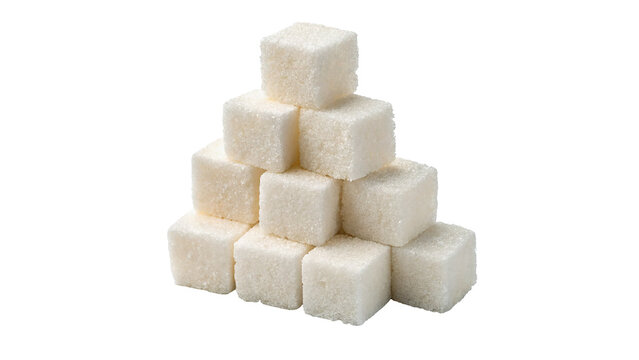 Pyramid stack pile of sweet white sugar cubes confectionery sweetener isolated on transparent background
