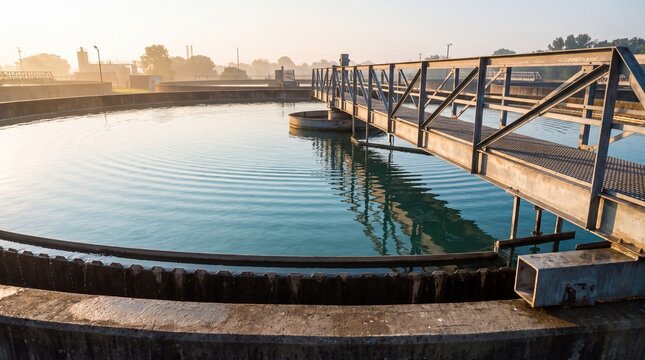 Rotating Bridge Arm Sweeping Circular Clarifier Tank at Treatment Plant