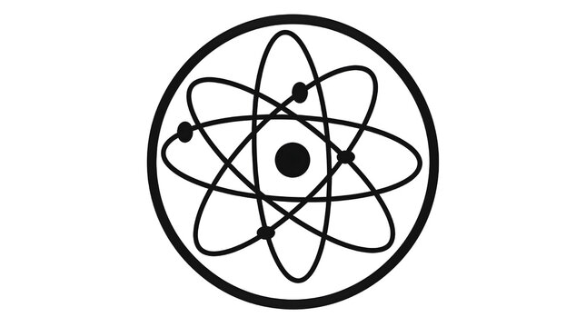 Atomic structure symbol with nucleus and intersecting electron orbits inside circle, representing physics, chemistry, nuclear energy, scientific research, and advanced technology logo design.  