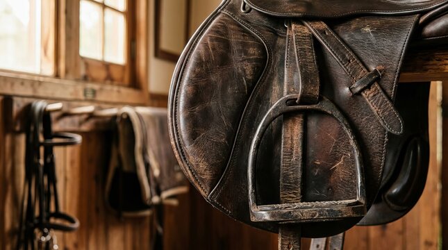 Vintage brown leather horse saddle hanging in a rustic wooden stable