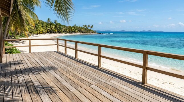 Wooden patio deck with railing overlooking sunny tropical beach and ocean