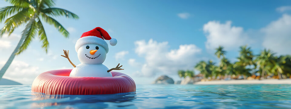 A snowman in an inflatable beach ring in the ocean against the backdrop of a tropical island and sunny sky