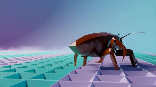 Abstract 3D Render of a Low Poly Cockroach Walking Across a Colorful Geometric Grid, Representing a Software Bug, Technical Glitch, or Pest Problem in a Digital Virtual Environment.