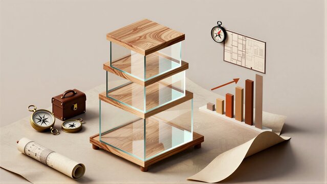 Wooden structure with compasses, charts, and a rising graph symbolizing growth.