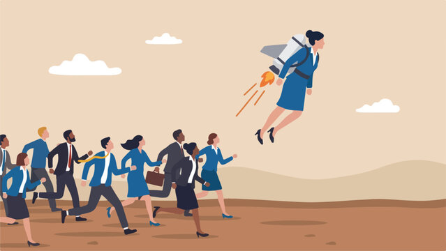 Early adopter pioneer competitive advantage concept businesswoman wearing jetpack flying ahead of crowd running on dirt track