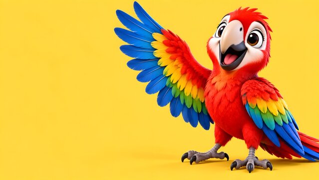 Colorful cartoon parrot with wings spread cheerful bright background
