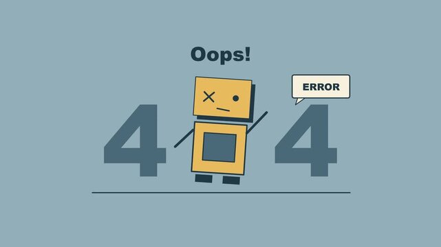 Simple robot character showing 404 error message on digital screen