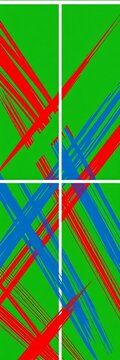 "Straight lines and diagonal strokes in green, blue, and red, mimicking a tennis court design", green, tennis
