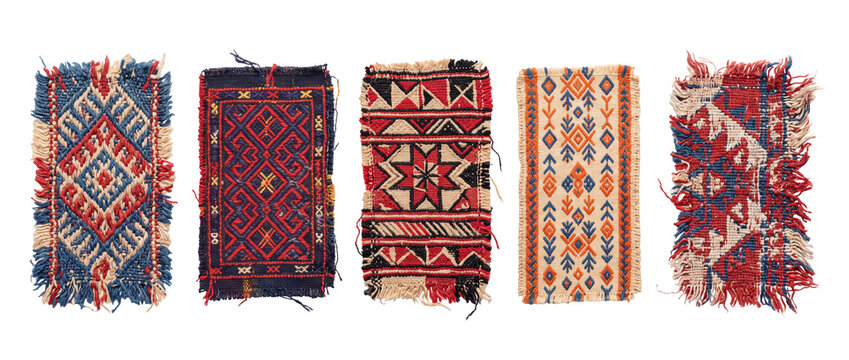 Ethnic woven carpet textile swatches featuring traditional geometric patterns in a row on black background for cultural craft design, vintage boho rug ornament elements and oriental tapestry motif set